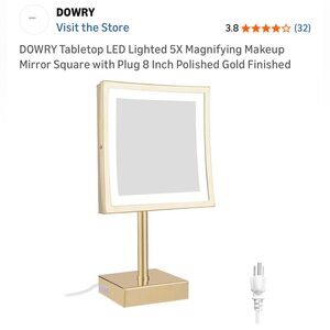 NIB Dowry Brand Tabletop LED Lighted 5x Magnifying Make-Up Mirror Square 8" Gold